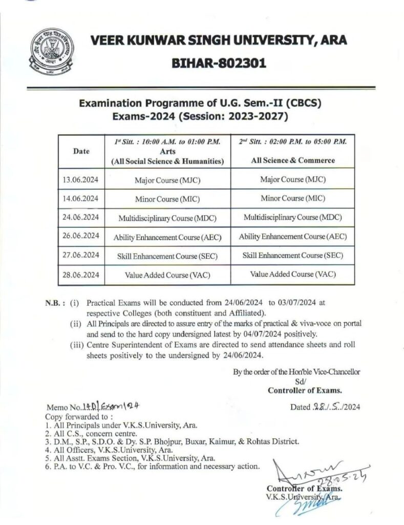 Vksu Ug Semester 2 Exam Routine Session 2023 2027 St Result